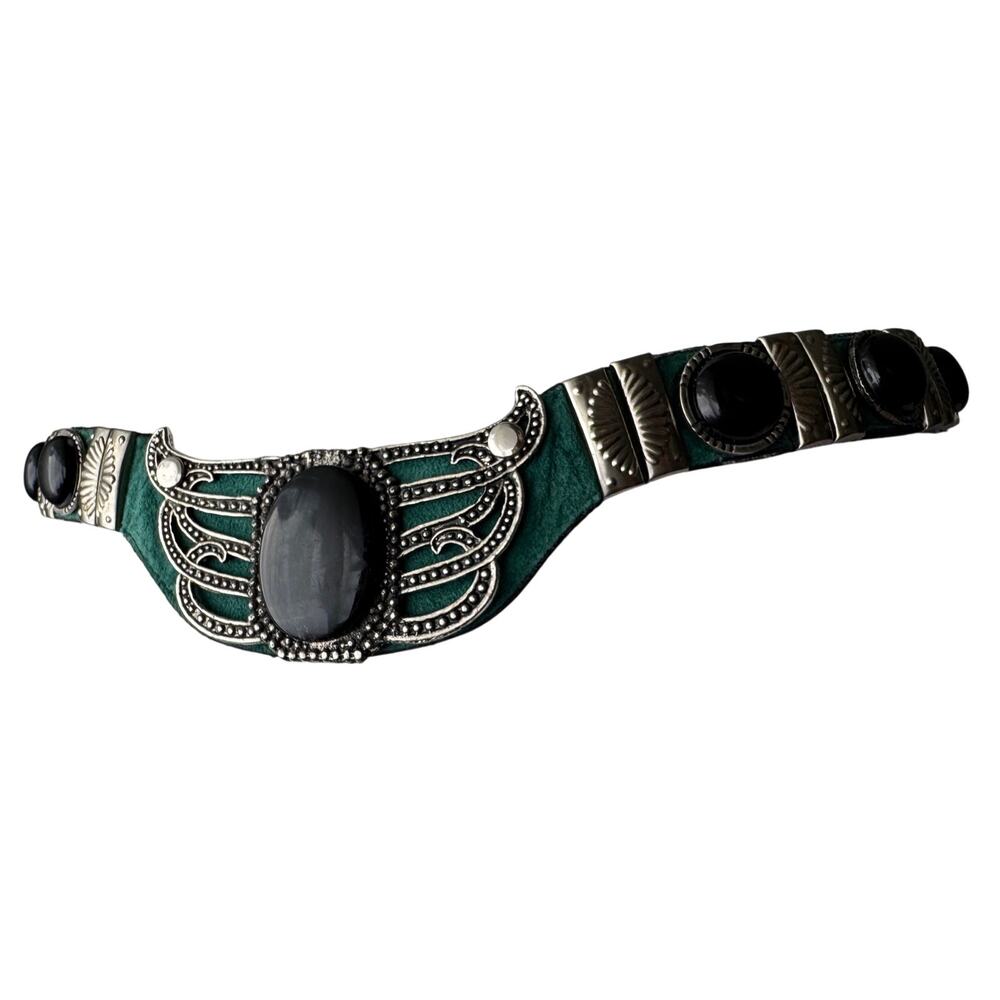 Vintage ‘90s Leatherock Green Leather Belt w/ Black Stone & Silver Detail